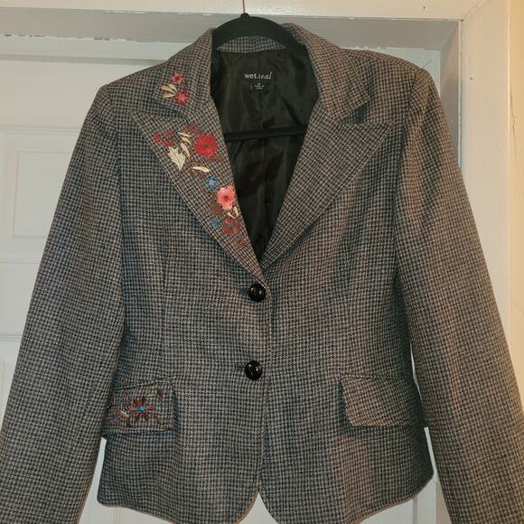 Vintage 90s Womens Floral Embroidered Houndstooth Blazer Size M Wet Seal - Picture 3 of 9